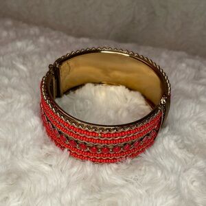 Vintage 1980’s Red Seed Bead, Metal, & Enamel Hinged Back Bangle/Bracelet